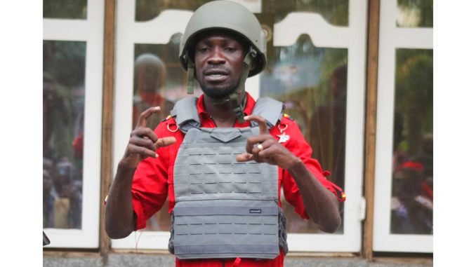 Bobi Wine dressed in bullet proof gear